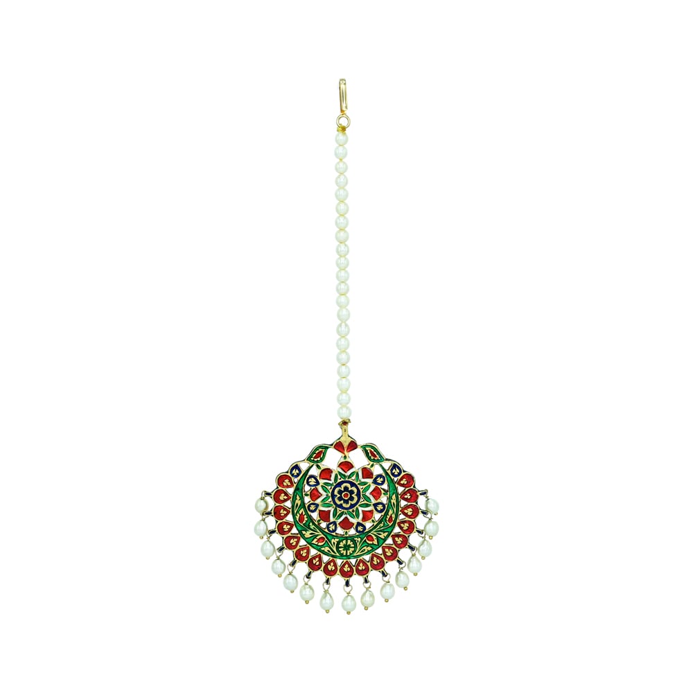 Emerald and Ruby Floral Polki Mangtikka with Pearl Drops